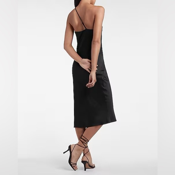 Express Black Satin Cross Back One Shoulder Slip Dress - Picture 3 of 9